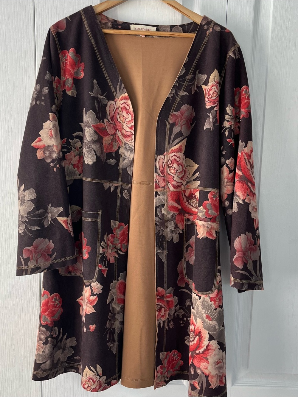 Anthropologie Solitaire Open Cardigan Jacket Faux Suede Floral Boho Hippie L
